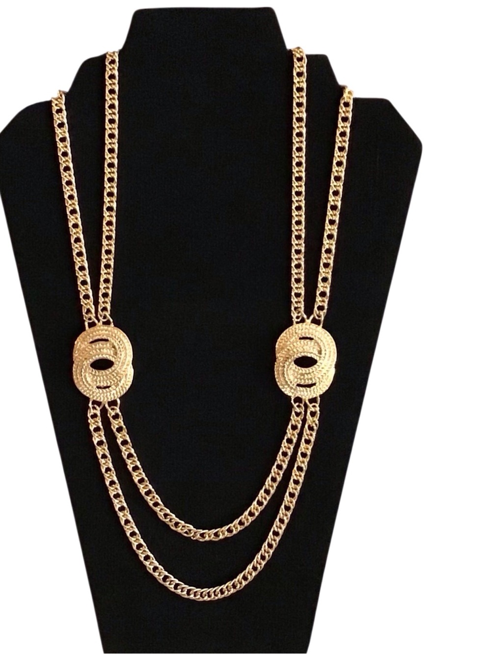 Long Layered Chain Necklace Gold Tone Knotted Medallions Toggle Fashion Jewelry